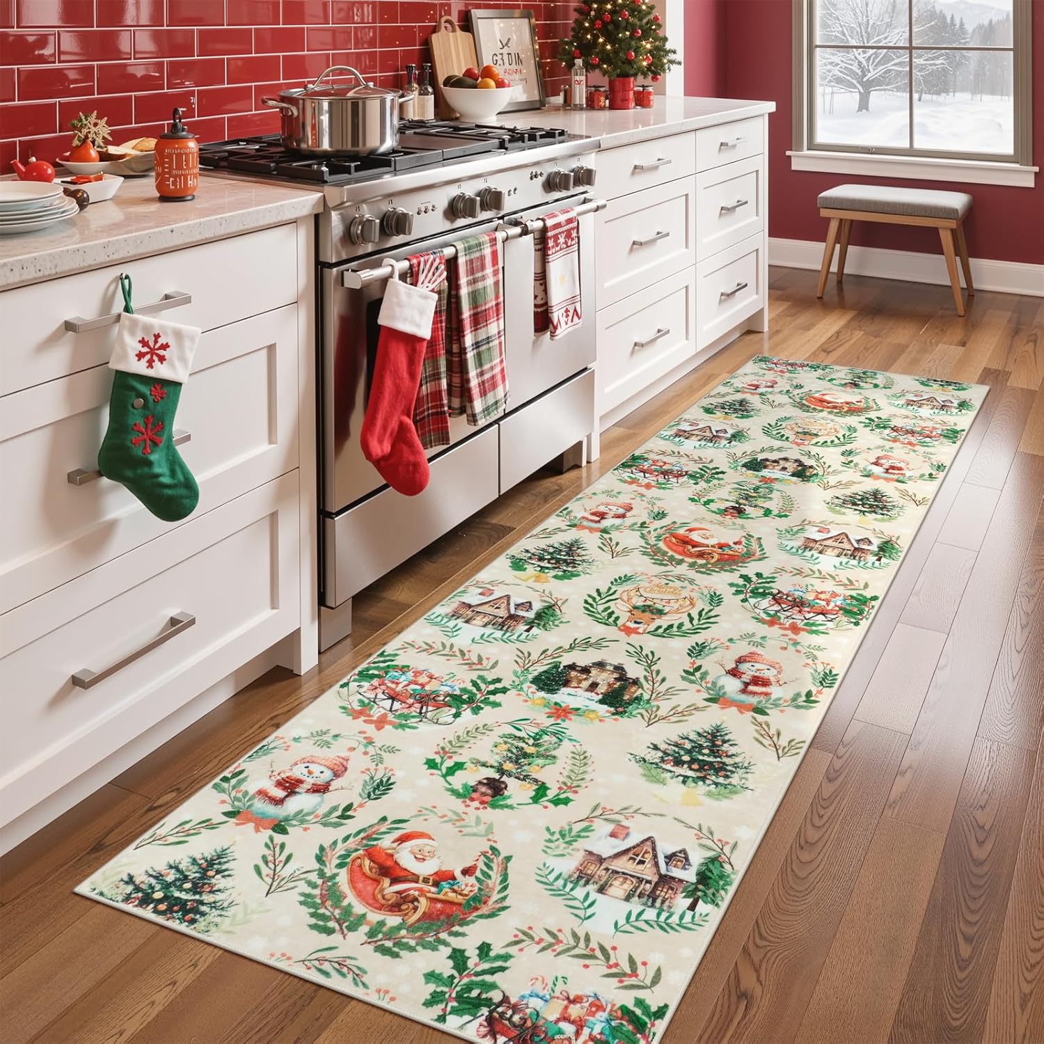 Anidaroel 2x8 Washable Christmas Rug Runner, Non-Slip Low Pile Runners for Hallways Holiday Decor, Christmas Kitchen Rug Xmas Holiday Rugs for Entry Living Room Bedroom, Beige