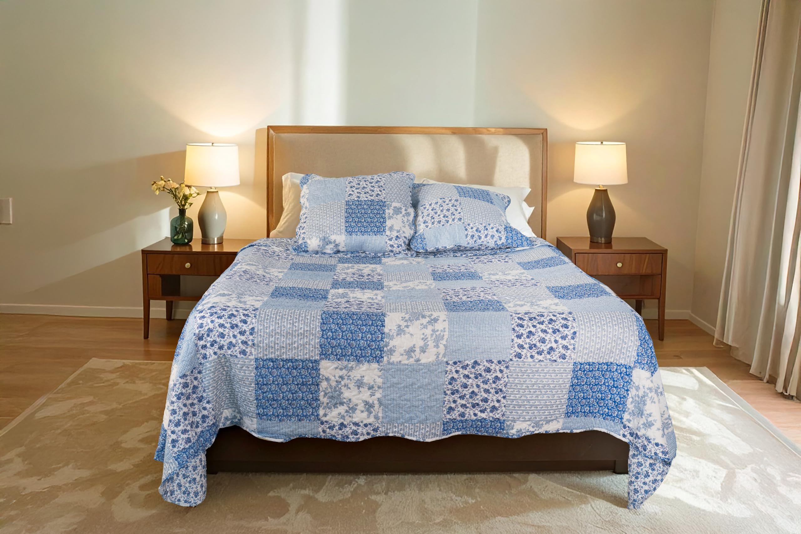 Boutis Patchwork Bleu Mimosa, Dessus de lit 230x250 cm avec 2 Taies d'oreiller 65x65 cm, Couvre-lit Matelassé 2 Personnes, Dessus de lit Fleurs