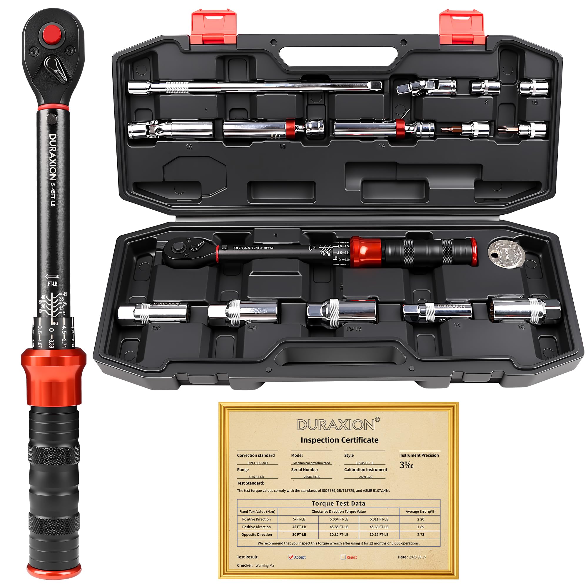DURAXION 16PCS 3/8" Drive Torque Wrench with Magnetic Spark Plug Socket Set, ±3% Precision Dual Direction Torque Wrenches with 72-Tooth Dual Range Scales with Ft.Lbs and N.m(5-45ft.lb/6.8-61Nm)