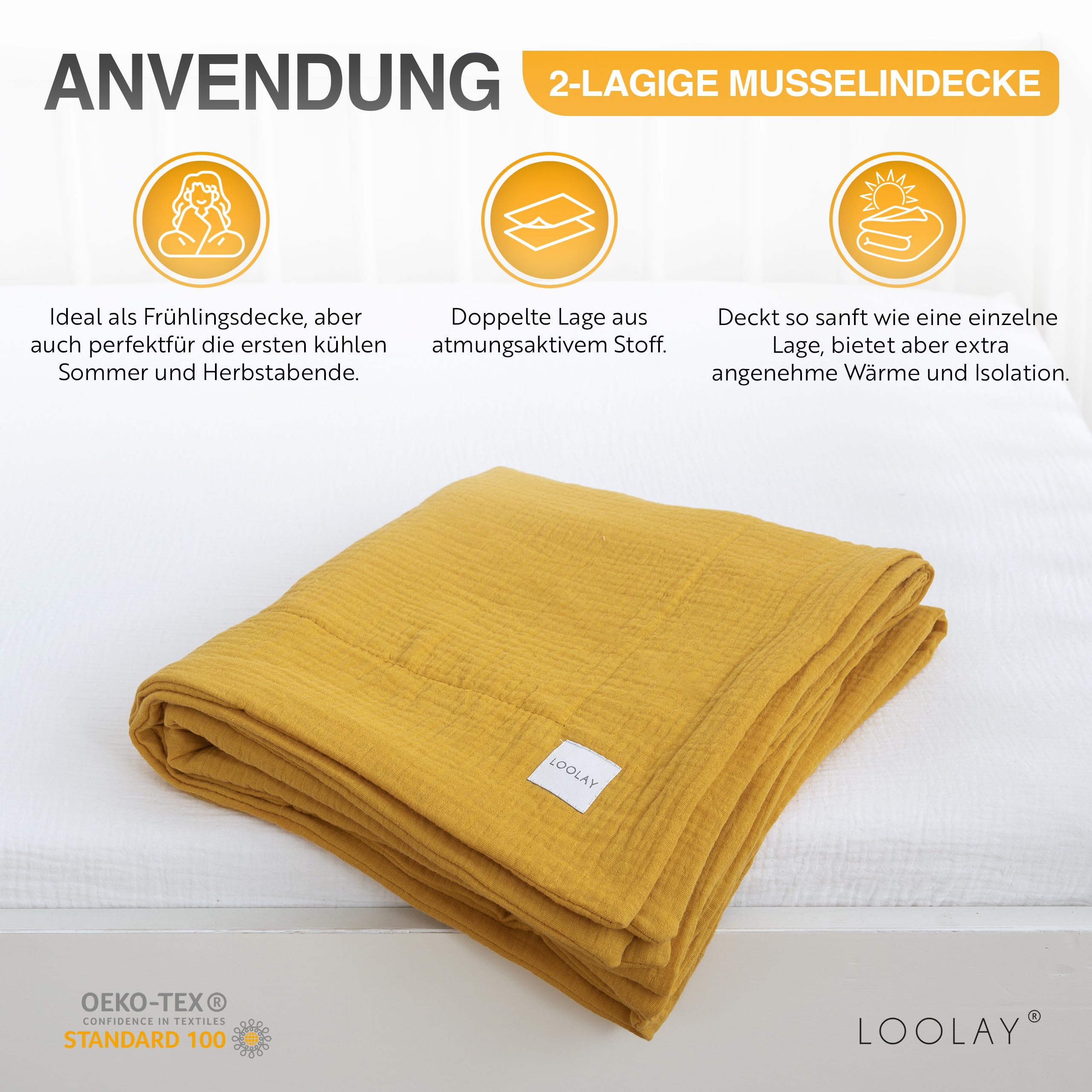 LOOLAY Musselin Decke 120 x 120 cm – 2 lagig aus 100 % Europäische Bio Baumwolle – Atmungsaktiv und Leicht – Weiche Decke für Frühling, Sommer und Herbst – Hautfreundlich und Schnell Trocknend, Blau