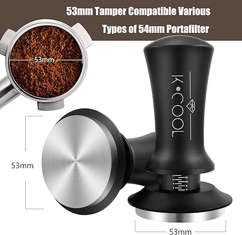 Miniatura 18 de K COOL Manipulador de café expreso de 2.008 in, herramientas de barista premium, manipulador de resorte calibrado, base plana 100% acero inoxidable