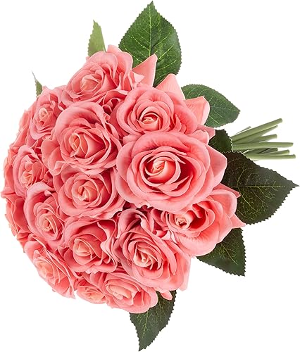 Pure Garden Flores artificiales de rosas, juego de 18 flores artificiales de tacto real de 11.5 pulgadas con tallos para decoración del hogar, boda