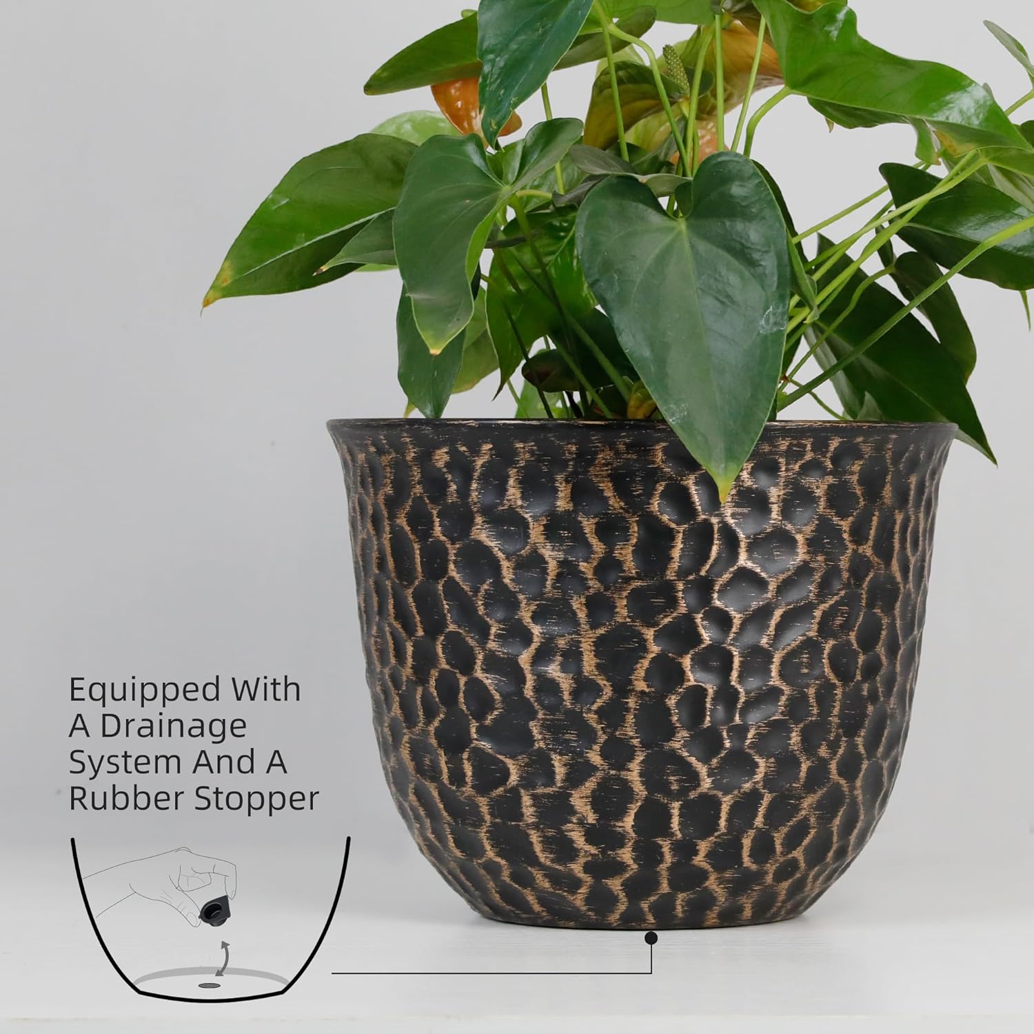 Worth Garden 4-Pack 12-Inch Large Round Planters with Drain Holes - Matte Bronze Finish Flower Pots with Honeycomb Design, Durable Indoor/Outdoor Decorative Garden Planter Pots