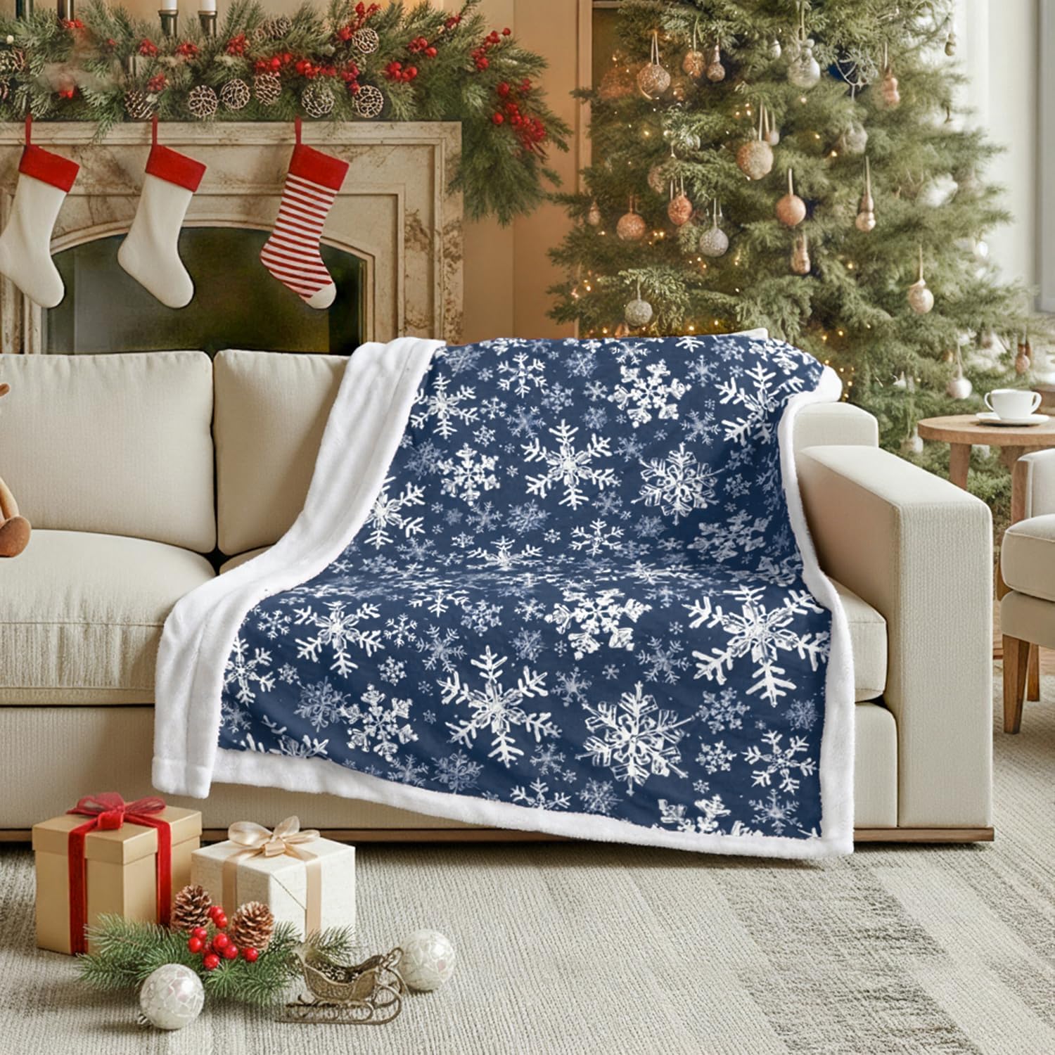 Horaldaily Christmas Sherpa Flannel Blanket Throw, Navy Snowflake Soft Fuzzy Plush Cozy Fleece Blankets for Couch Sofa Bed Lounging, Ideal Gifts for Kids Adults Wife Self, 60x80