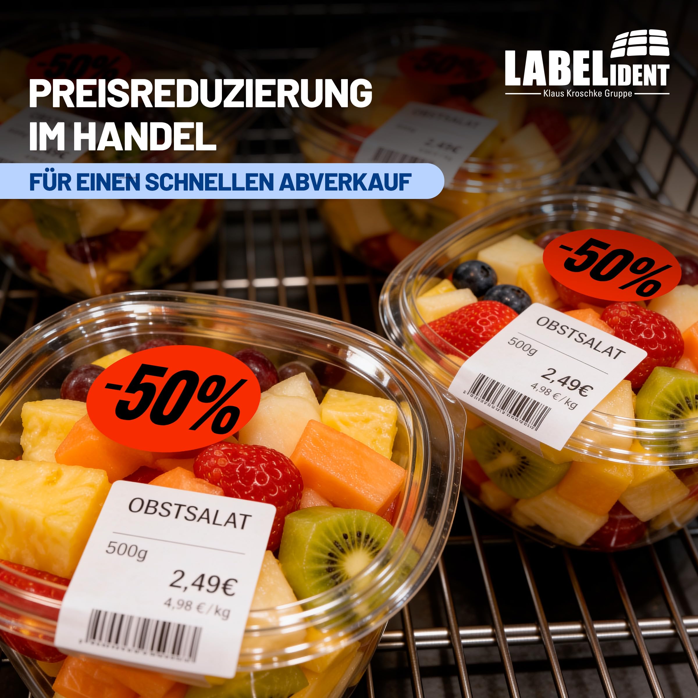 Labelident Aktionsetiketten -50% Ø 32 mm | 10.000 Rabattaufkleber auf 10 Rollen | leuchtrot-schwarz | Für Handel, Lager und Verkauf | Stark selbstklebende Preisetiketten