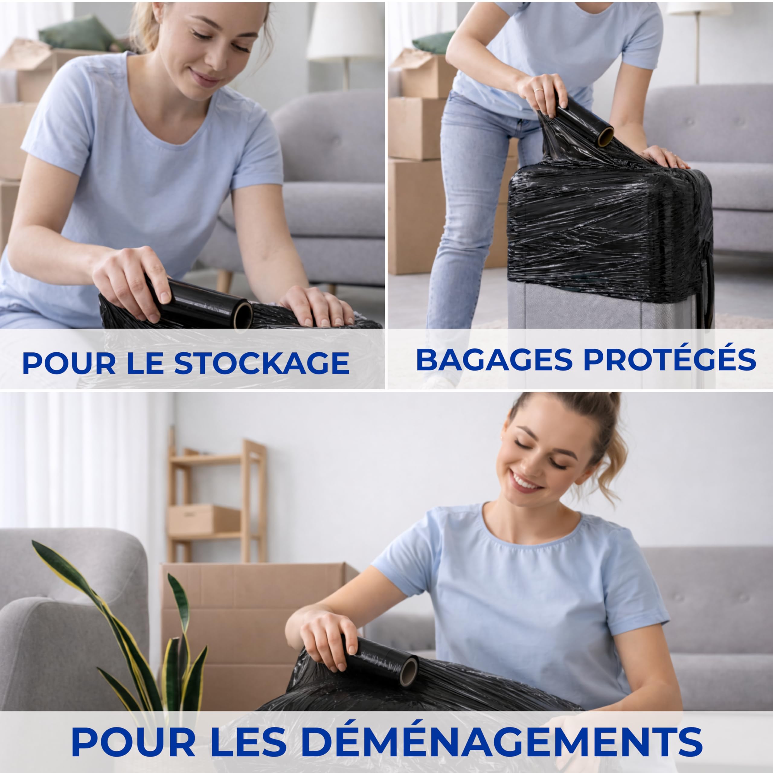 Film étirable Noir 25 cm 3 rouleaux opaque 300 g mandrin Ø38 mm