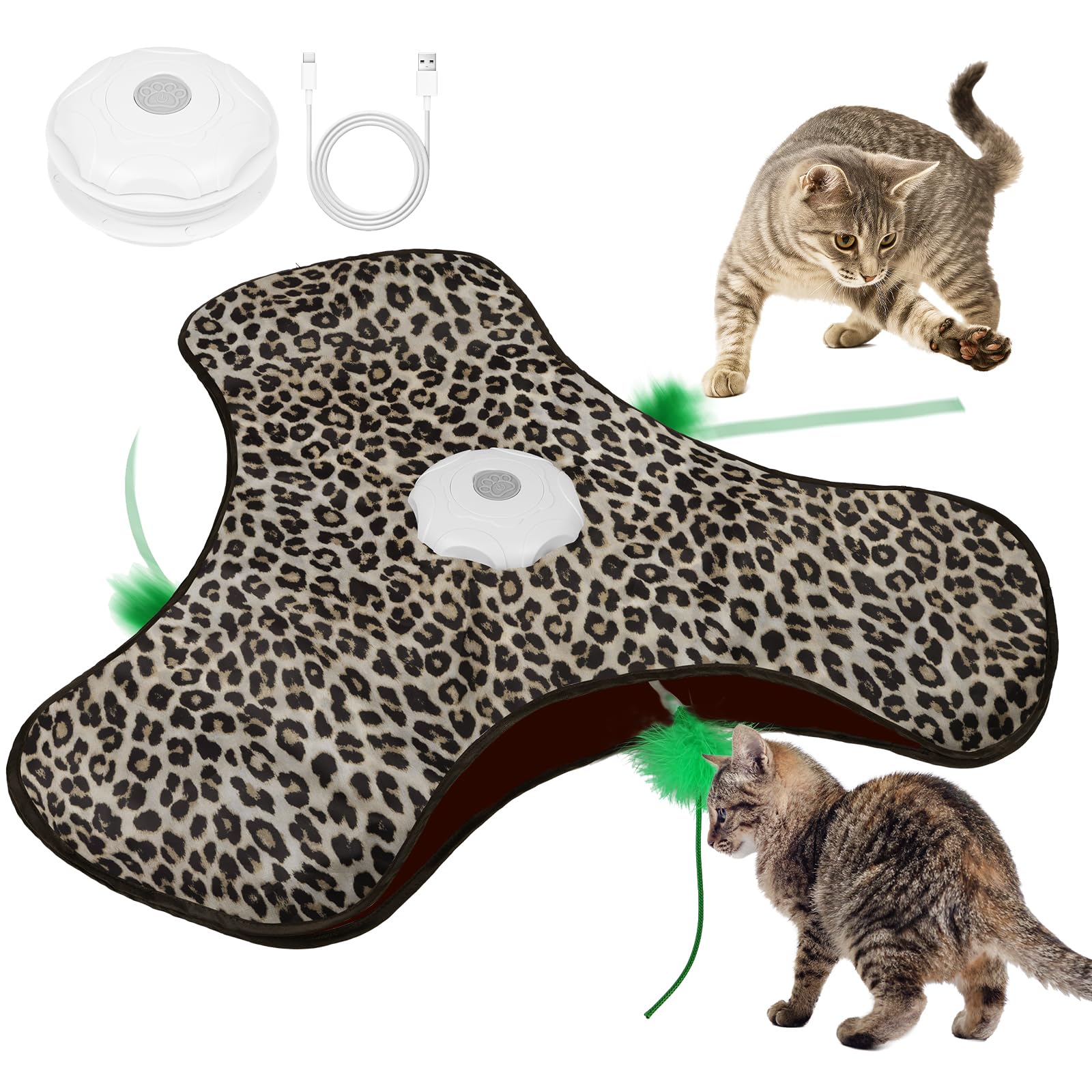 AUYAO Interaktives Katzenspielzeug mit Federautomatik Wiederaufladbar Intelligentes Katzenspielzeug Elektrisch mit Federn Mausgeräuschen 3 Spielmodi USB-Aufladung Selbstbeschäftigung Leopardenmuster