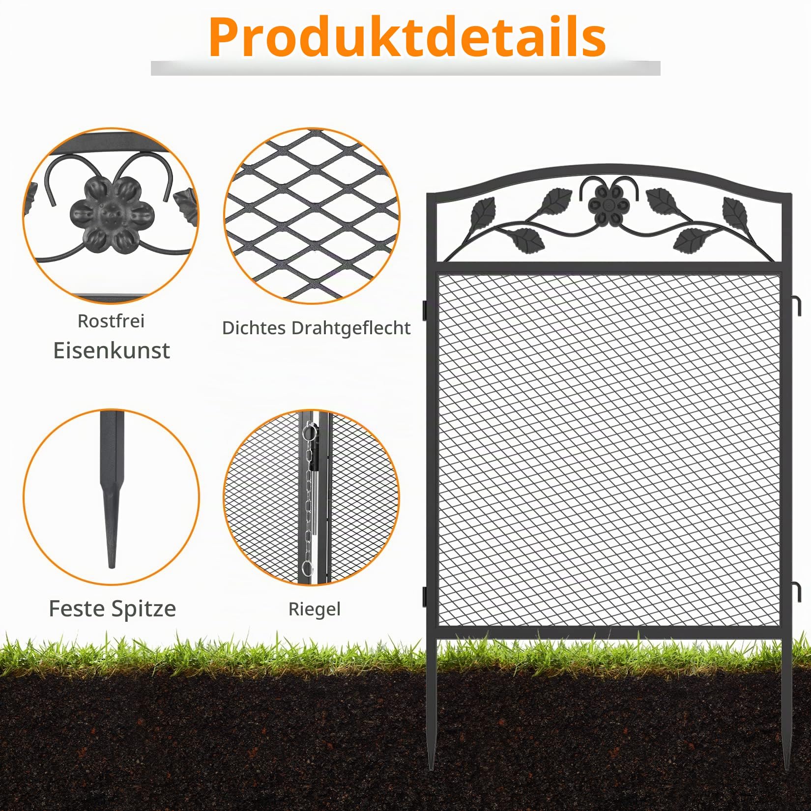 unho XXL Beetzaun aus Metall, Gartenzaun Beetumrandung 110cm hoch, schöner Dekozaun, mit Erdspießen, 5-teiliges Set, schwarz