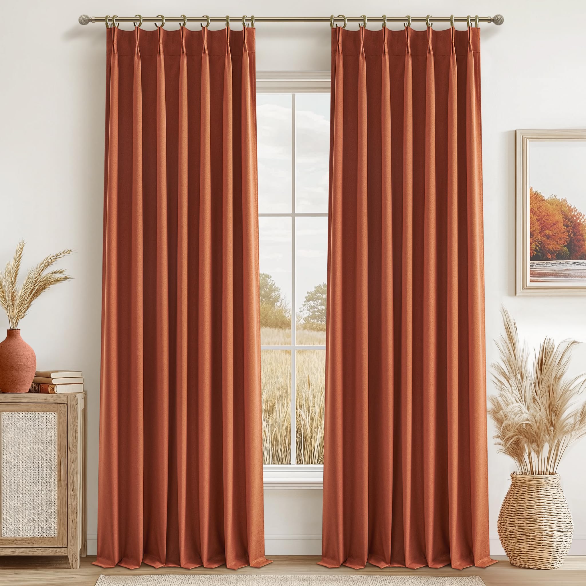 Fall Burnt Orange Curtains Pinch Pleated Blackout 108 Inches Long 2 Panels Set,Terracotta Autumn Color Decor Retro for Living Room Antique Copper Rust Boho 70s Window Linen Drapes (W40"xL108") — image 1