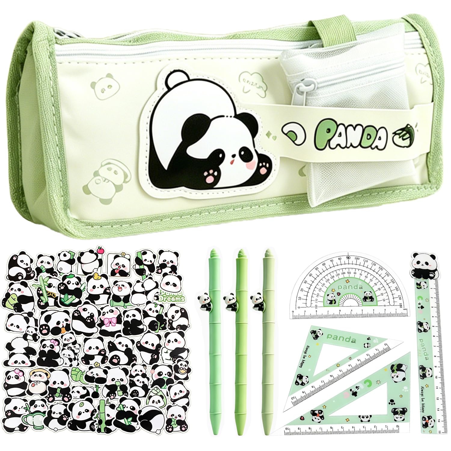 YskerrigToy Panda Stationery, Panda Pens, Pandas Ruler, Stickers, Large Capacity Pencil Case, Big Capacity Canvas Pencil Pouch with Zipper, Kawaii Pens for School Office Supplies - 6 PCS