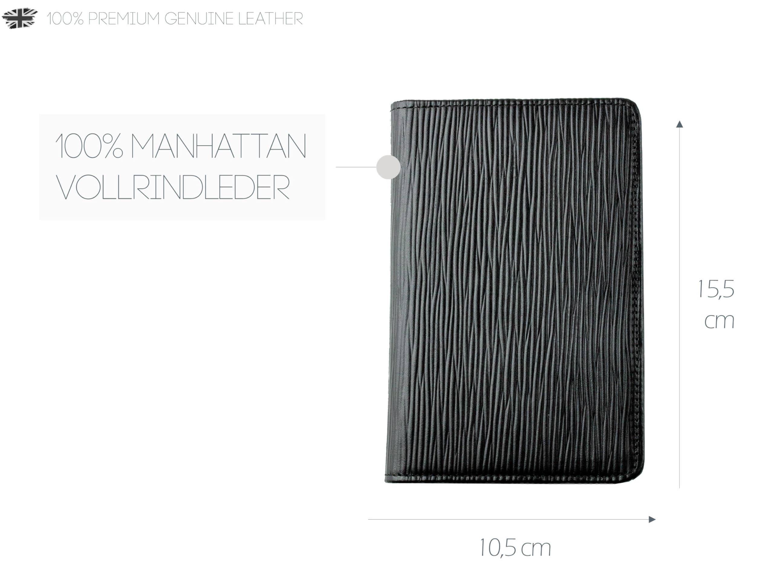 DELMON VARONE - Personalisierbares Taschen Notizbuch Etui DIN A6 Premium Leder Manhattan schwarz unliniert, Blankobuch ohne Linien im Hardcover Einband mit Stiftschlaufe, Einschubfächer und Merkband