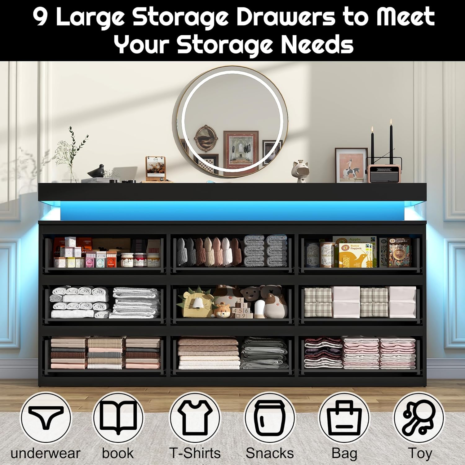 chartustriable 9 Drawer Dresser with LED Light, Modern Chest of Drawers for Closet, 63“ Wide Drawer Organizer Cabinet for Bedroom, Living Room, Entryway, Hallway (Black, 9 Drawers)