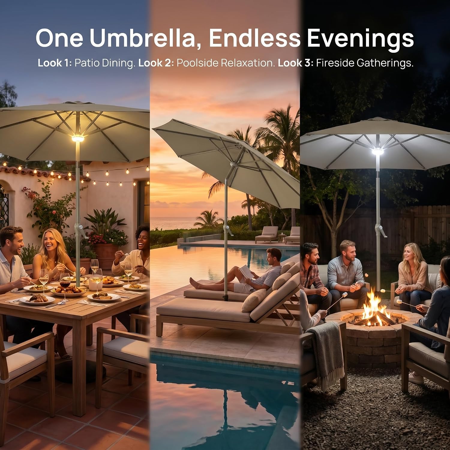 9ft Solar LED Patio Umbrella with Adjustable Color Temperature, USB-C Backup Charging, and 360° Tilt — Sturdy 38mm Pole, Fade-Resistant 180G Polyester Canopy for Garden, Deck, and Poolside
