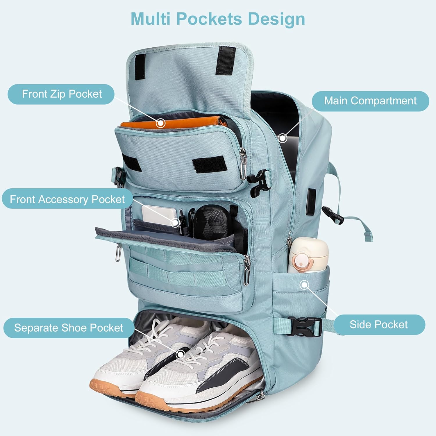 PIJUSHI Travel Backpack for Women Carry on Duffle Bag Backpack For Airplanes Luggage Rucksack with Shoe Compartment(PE048 Blue) - Image 4