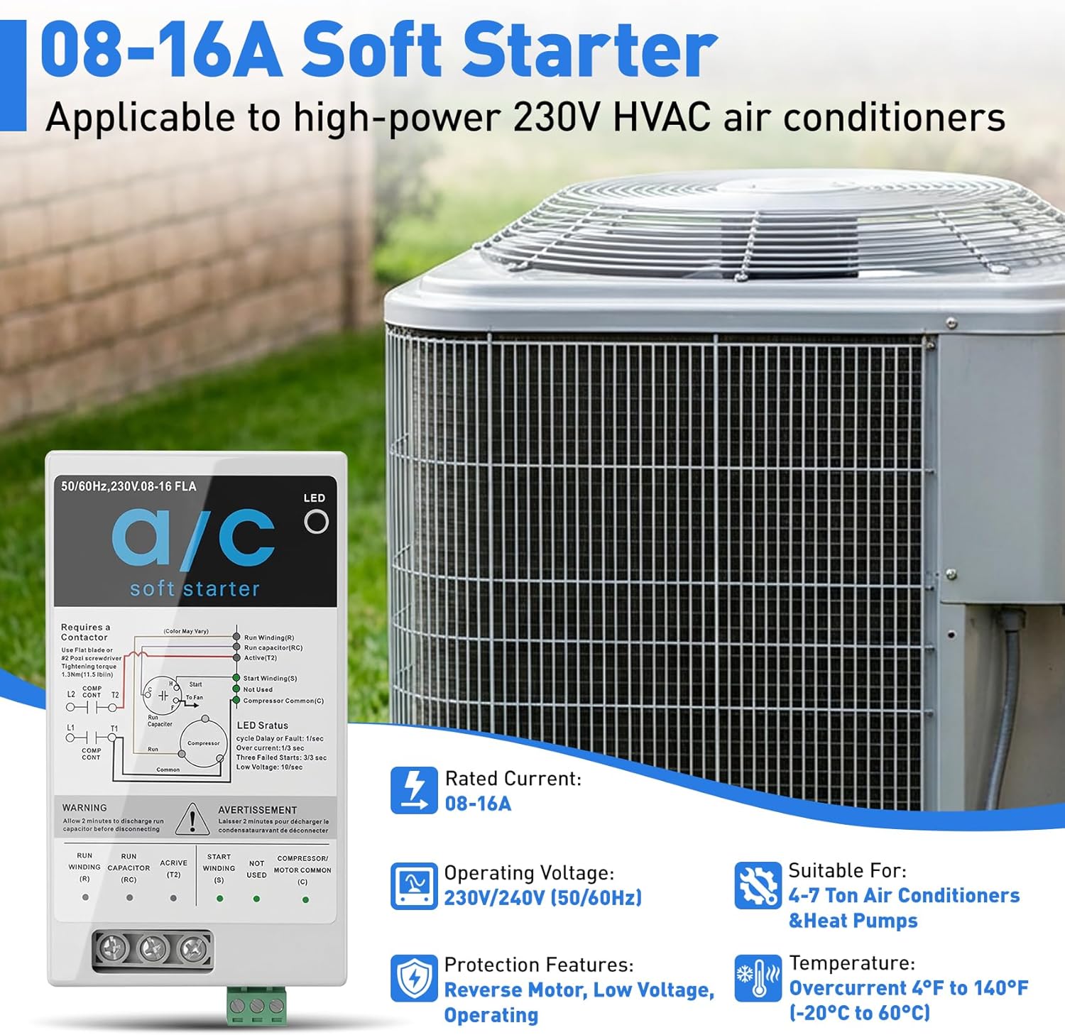 08-16A AC Soft Start Kit for 1.75-3.5 Ton 230V HVAC, 70% Less Startup Current with Reverse Motor Protection, Quiet Start Soft Start Module for Home/RV/Generator/Utility Power