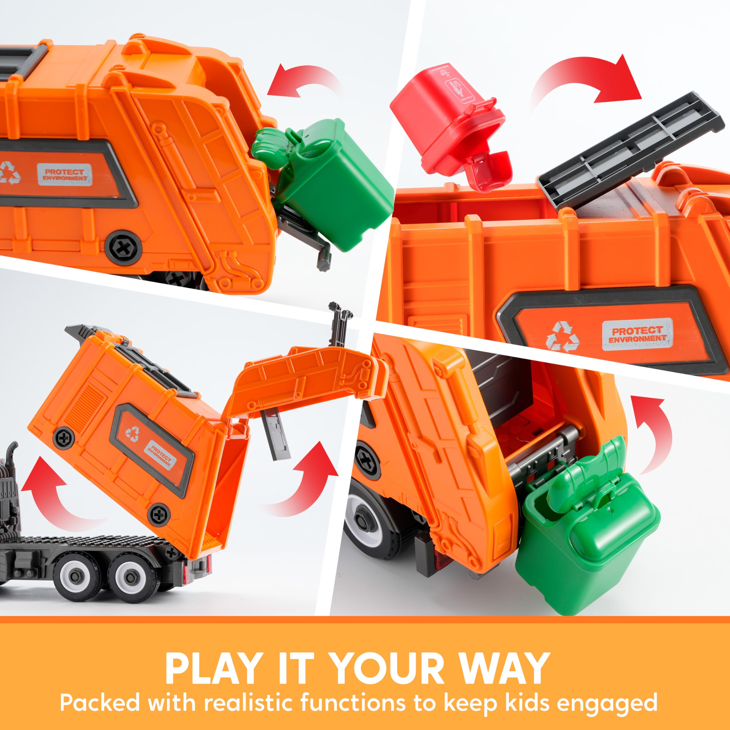 JOYIN Jumbo Take Apart Reibungsbetriebenes Side-Dump-Recycling-Müllwagen-Spielzeug mit Licht und Geräuschen, 3 Mülleimer, Schraubendreher-Spielzeug, für DIY-Montage, Orange