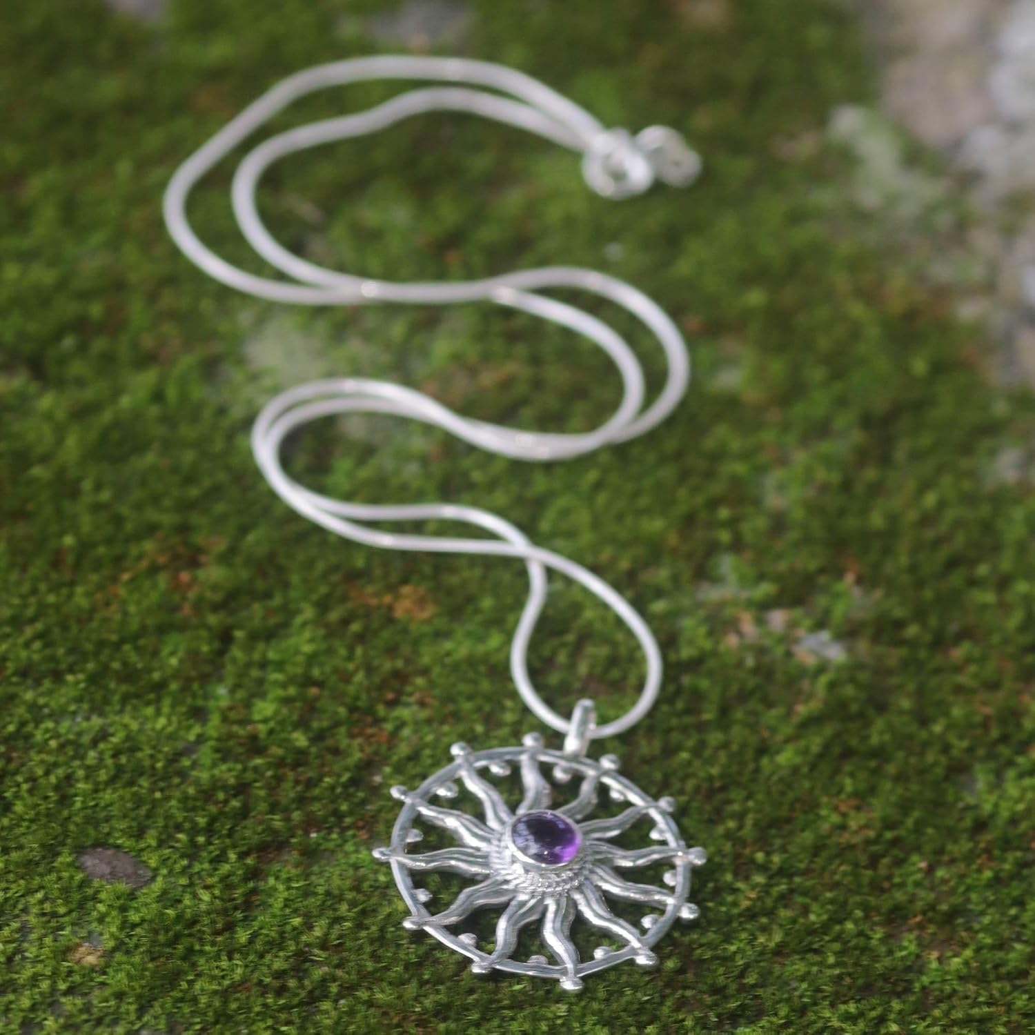 NOVICA Artisan Handmade Amethyst Pendant Necklace Unique Silver Sterling Purple Indonesia Birthstone 'Sun Spirit'