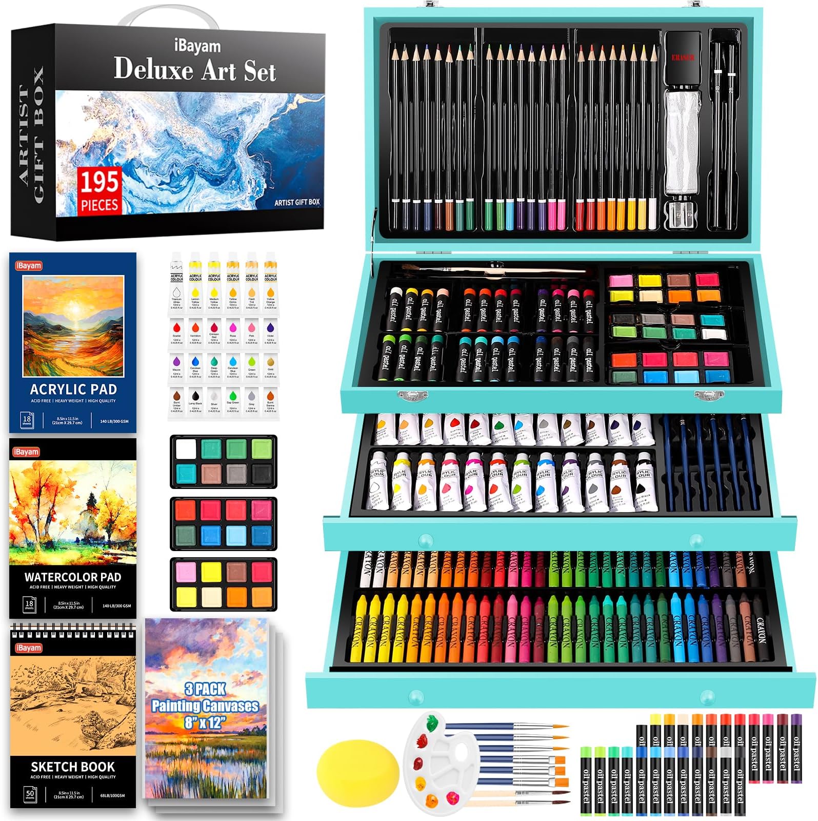 - iBayam Arts and Crafts Kits for Adult, 195-Pack Deluxe Art Set Box with 3 PCS Drawing Pads, Canvases, Acrylic Painting, Drawing & Art Supplies for Pumpkin, Halloween, Christmas
