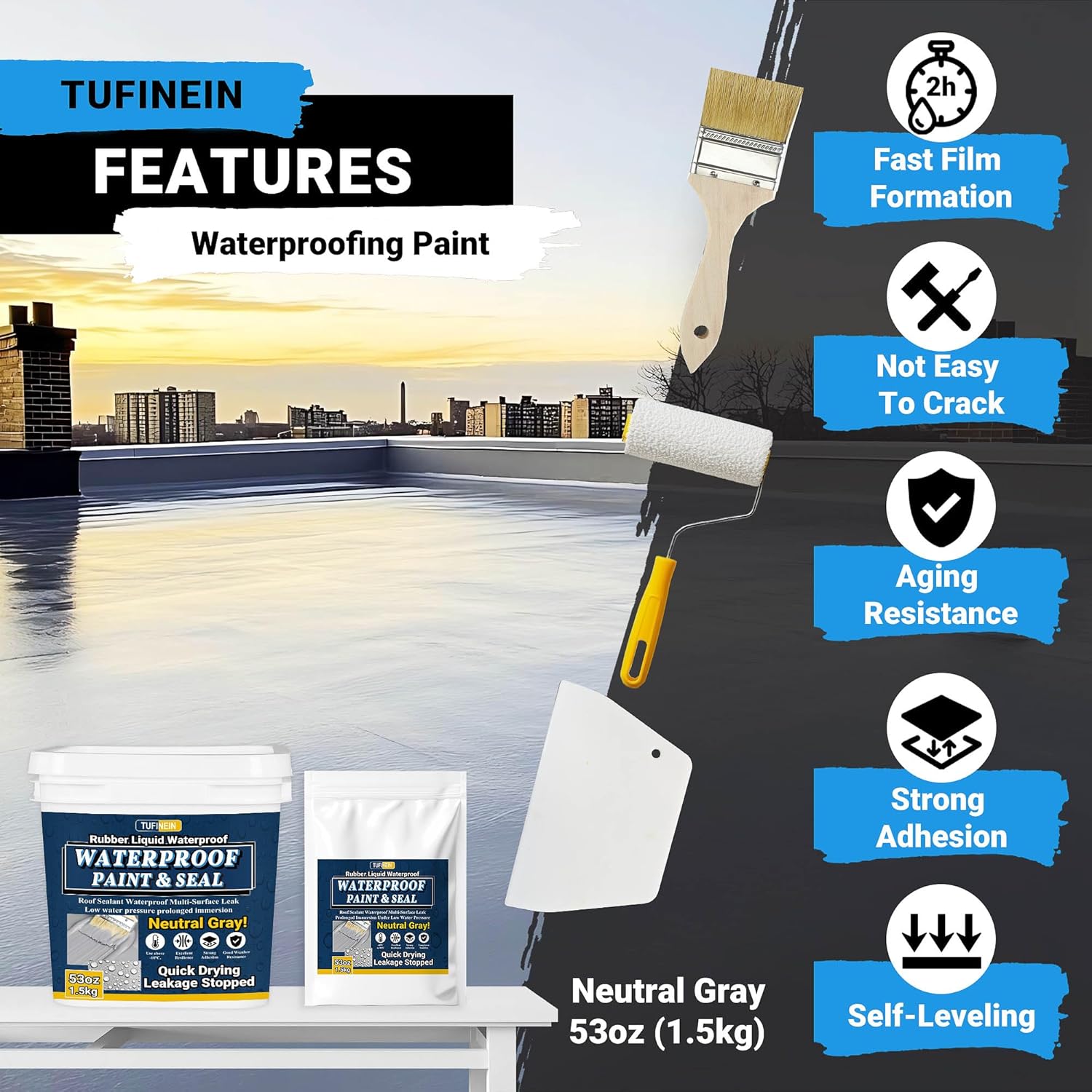 Rubber Liquid Waterproof Sealant, TUFINEIN 53oz/1.5kg Neutral Gray Quick Drying Multi Surface Foundation Leak Repair - Roof Gutters Basement Sealer Waterproof - Indoor & Outdoor Flexible Rubber Paint