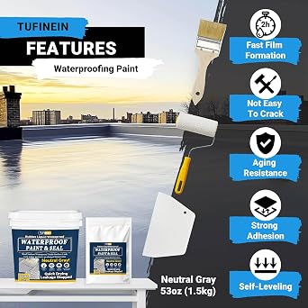 Rubber Liquid Waterproof Sealant, TUFINEIN 53oz/1.5kg Neutral Gray Quick Drying Multi Surface Foundation Leak Repair - Roof Gutters Basement Sealer Waterproof - Indoor & Outdoor Flexible Rubber Paint