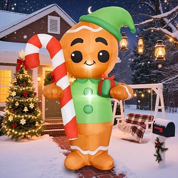 6FT H Lovely Christmas Inflatable Gingerbread Man with Candy Cane and Gift Box, Blow up Gingerbread Man, Christmas Inflatables Gingerbread with Bulid-in LEDs for Indoor Outdoor Decoration