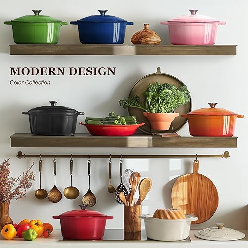 Vista 101 de Overmont Horno holandés de hierro fundido esmaltado de 5.5 cuartos de galón con tapa, cacerola resistente con asas dobles para estofar, guisos