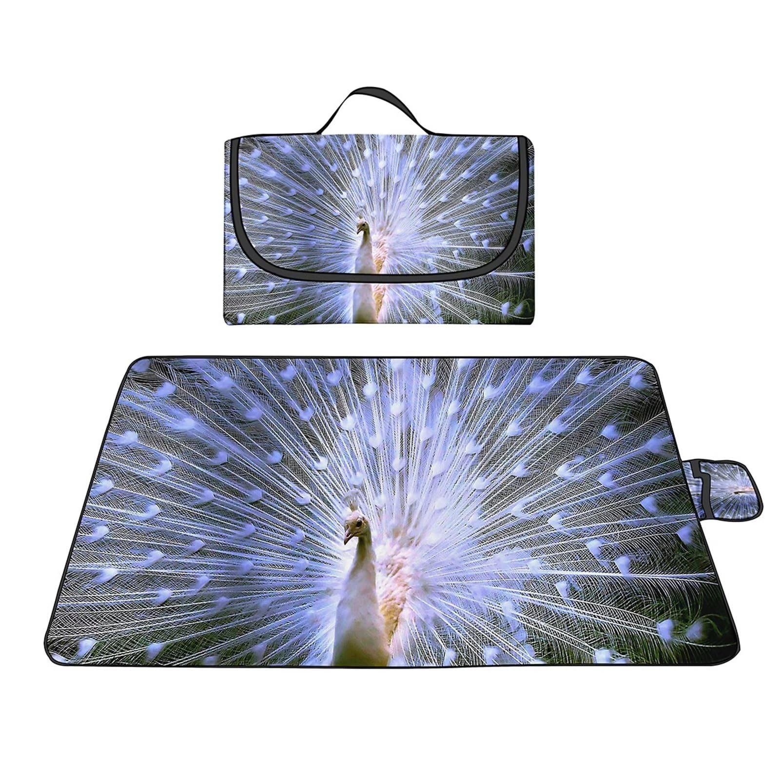 Manta Picnic Impermeable 180x200cm,Lavable Picnic Blanket,Ultrasónica Mantel Picnic,con Mango Multifunción para Acampar Playa Parque de Senderismo,Pavo Real Blanco