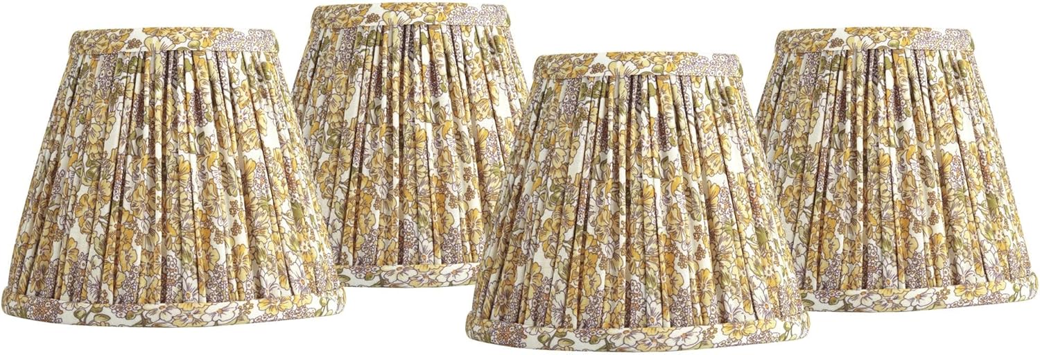 3 1/2" Top x 6" Bottom x 5" High x 5" Slant Print Cottage Core Lamp Shade Replacement Set of 4 Small Yellow Empire Farmhouse Country Fabric Pleated Floral Pattern Clip On Candelabra - Springcrest
