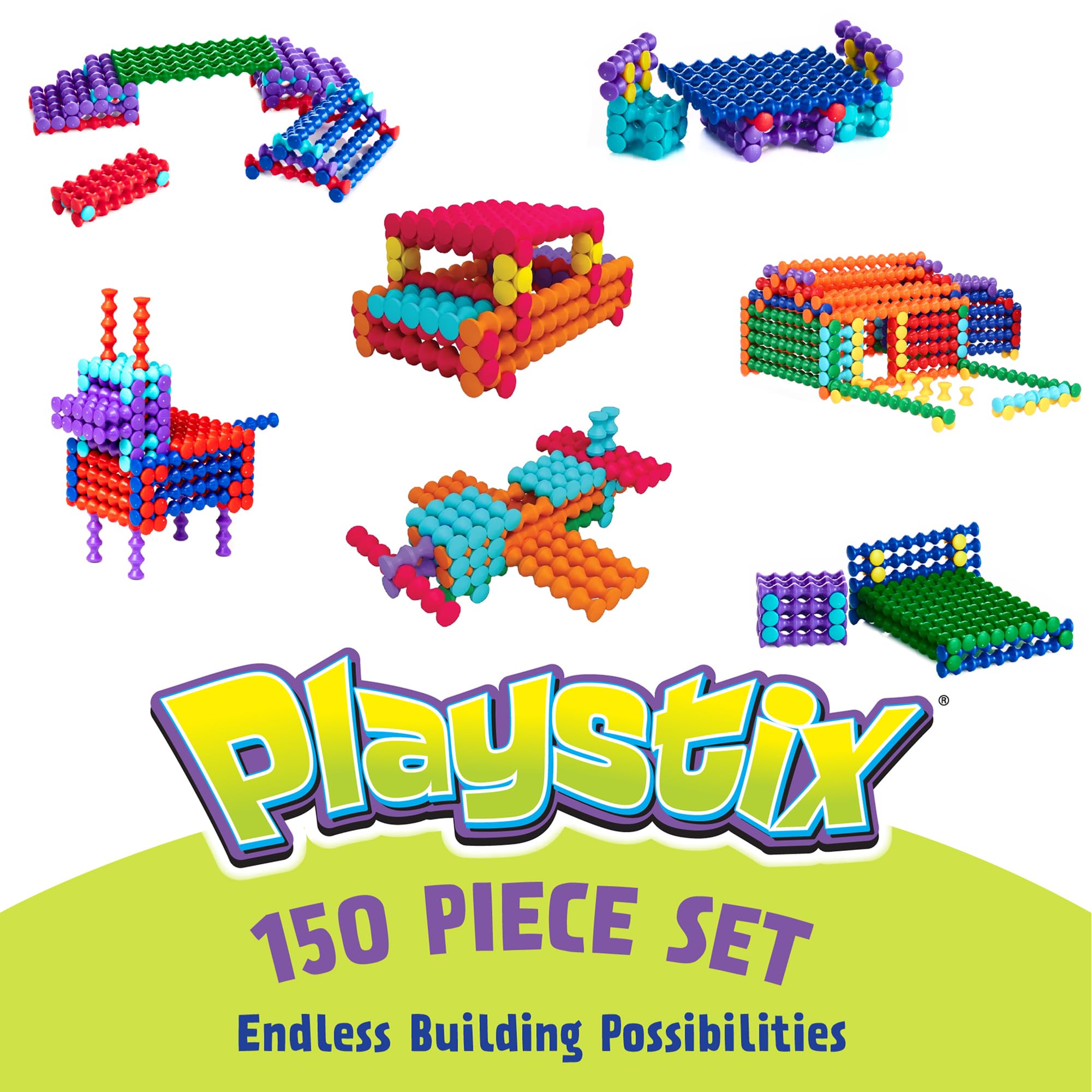 POPULAR PLAYTHINGS Playstix Construction Toy Set with Building Sticks for STEM and Classroom Use, for Kids Ages 4 and Up - 150 Piece Kit