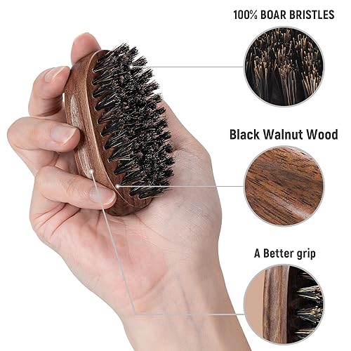 Miniatura 9 de BFWood Cepillo para barba de cerdas de jabalí, estilo militar de nogal de madera negra, cepillo de bigote de madera para hombre Negro