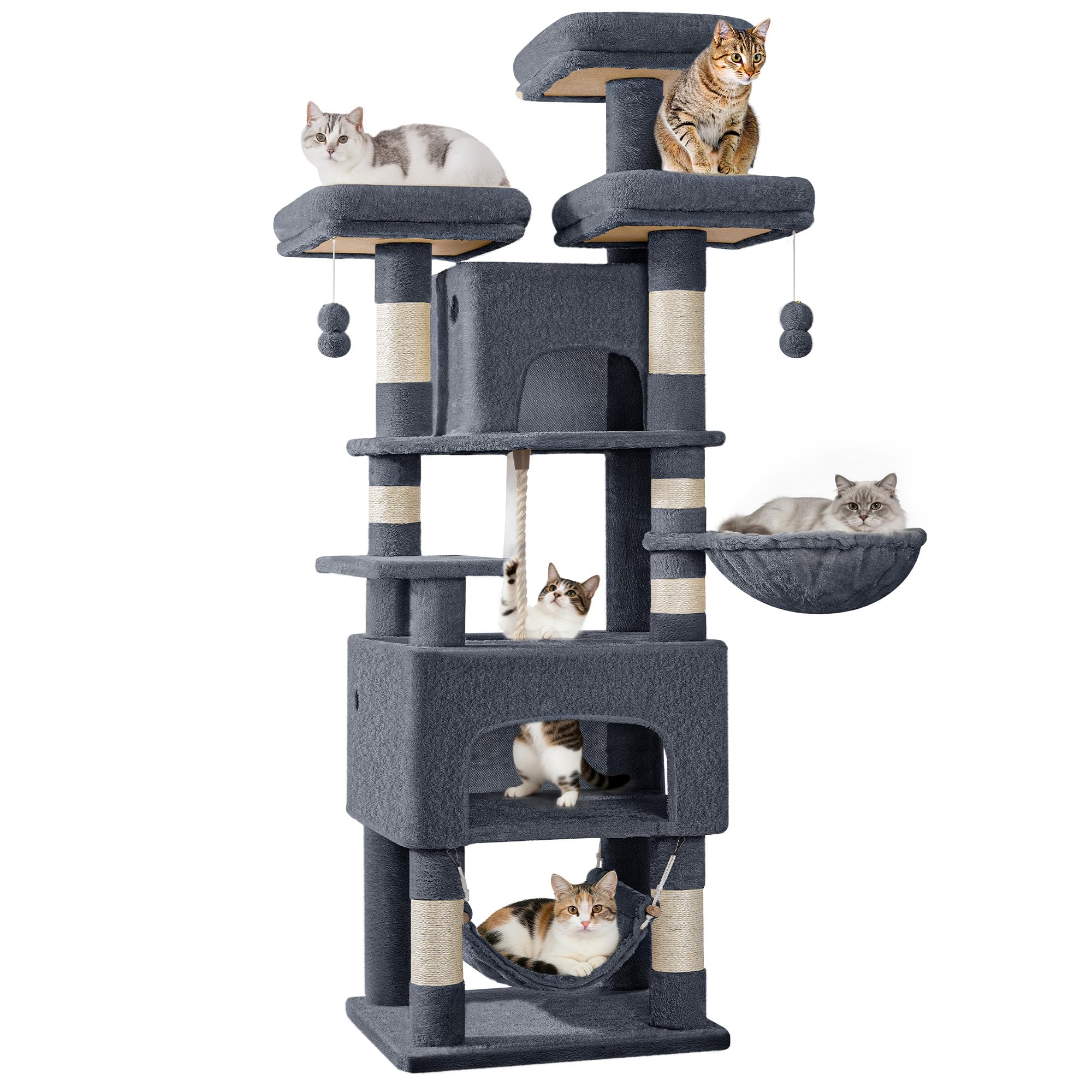 Hzuaneri Cat Tree for Indoor Cats, 156cm Large Cat Tower, Multi-layer Scratching Post with 3 Platforms, 2 Caves, 7 Sisal Posts, Hammock, Pompoms, Heavy-Duty for Multi-Cat Homes Dark Grey MS15718SG