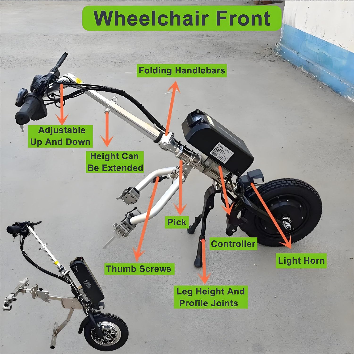 Dispositivo eléctrico de tracción para silla de ruedas con amortiguador, accesorio para bicicleta de mano, 500 W, 3 velocidades ajustables, rango de 60-70 km