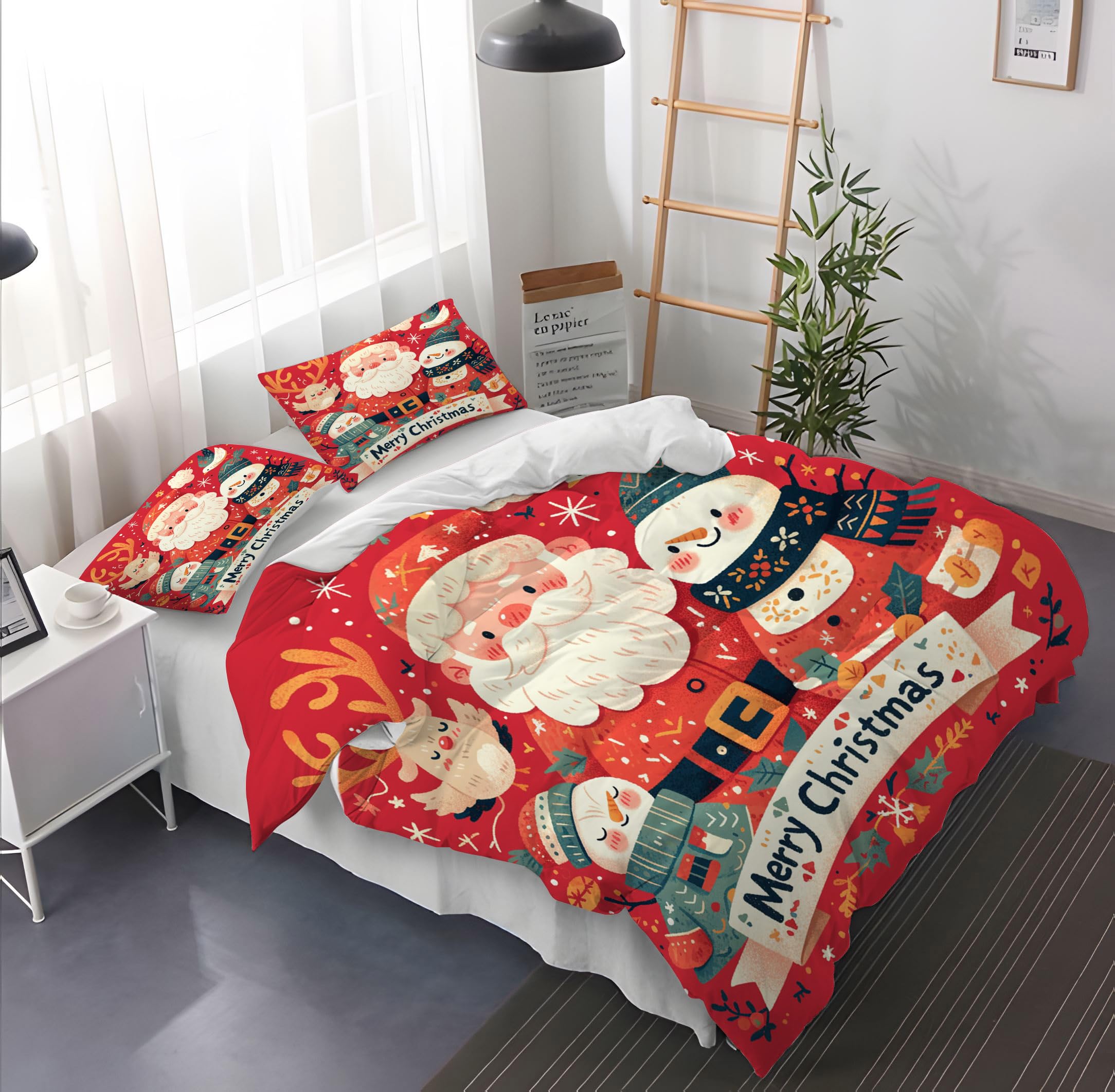 Wesołych Świąt Bożego narodzenia Poszewka na Kołdrę 240 x 220 cm Uroczy Kreskówkowy Święty Mikołaj Z Bałwanem Elk Pościel Zestaw Motyw Świąteczny Czerwona Poszewka na Kołdrę dla Chło