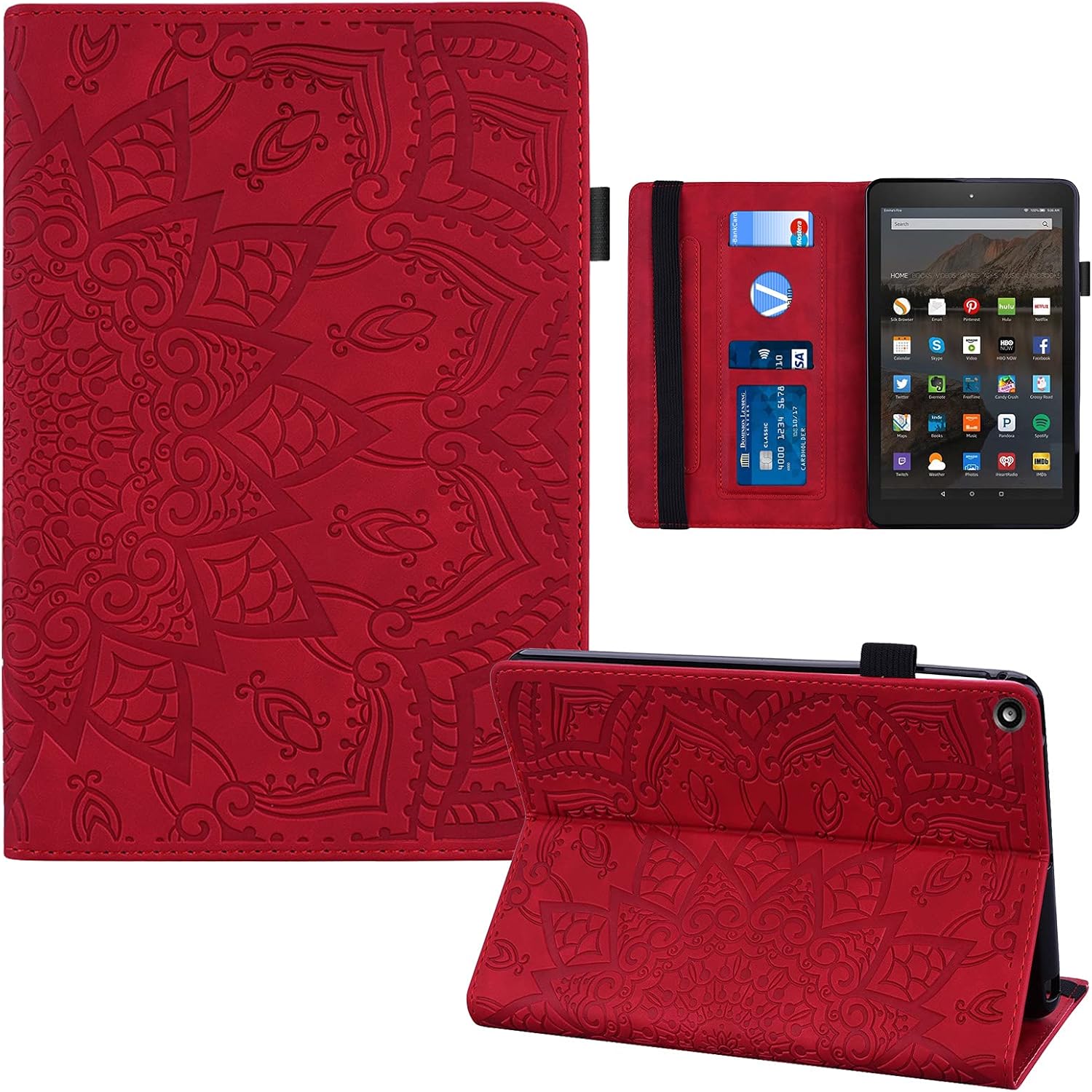 Kindle Fire HD 10 Case, RASUNE PU Leather Card Slot Cover with Auto Sleep/Wake Magnetic Stand Protective Case for All-New Fire HD 10 Tablet (9th/7th/5th Generation, 2015/2017/2019 Release) -Red