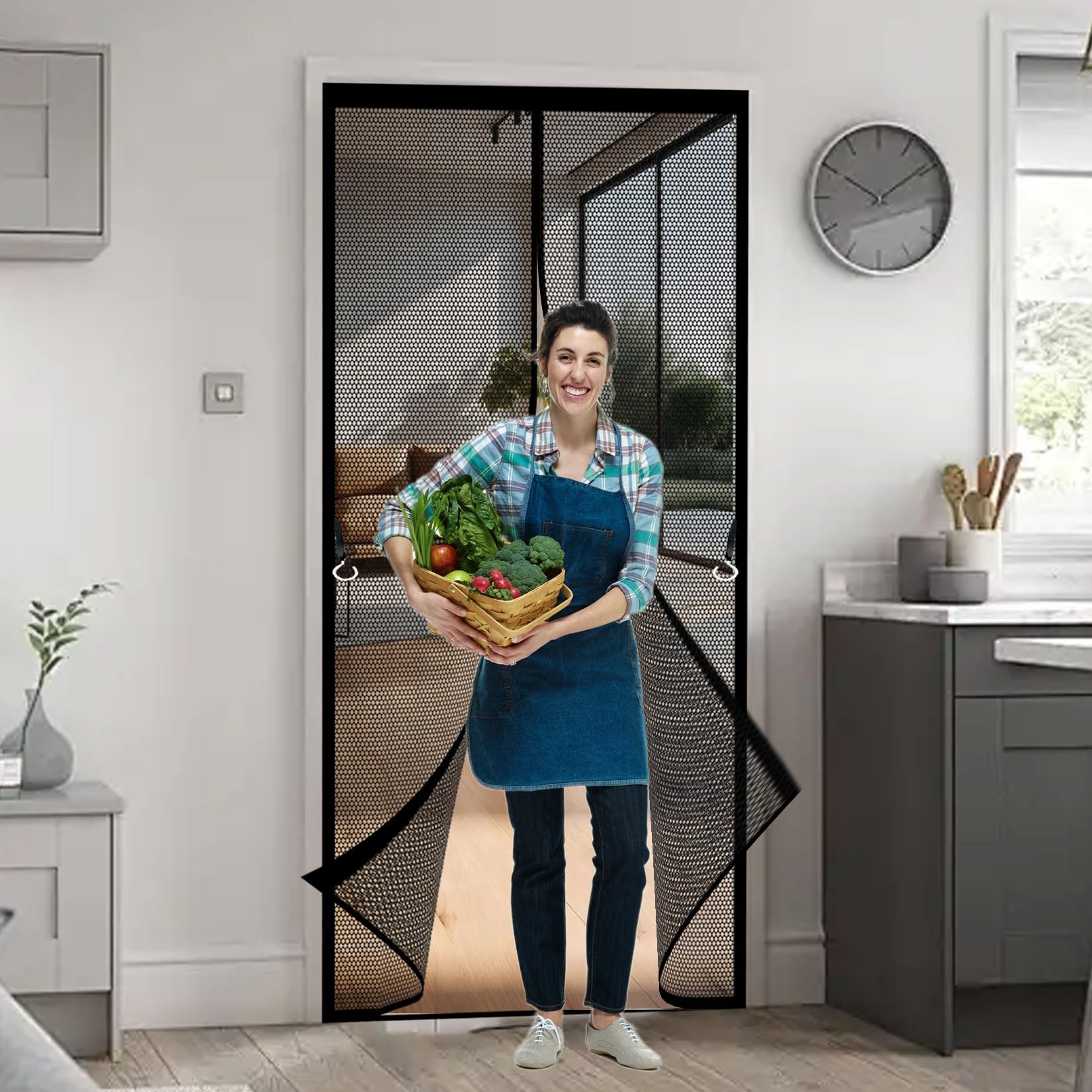Magnetic Fly Insect Screen Door 90 x 190 cm with Magnets, Magic Tapes, Polyester Magnetic Fly Screens Lets Fresh Air, Easy to Install Pet and Kid Friendly, Black