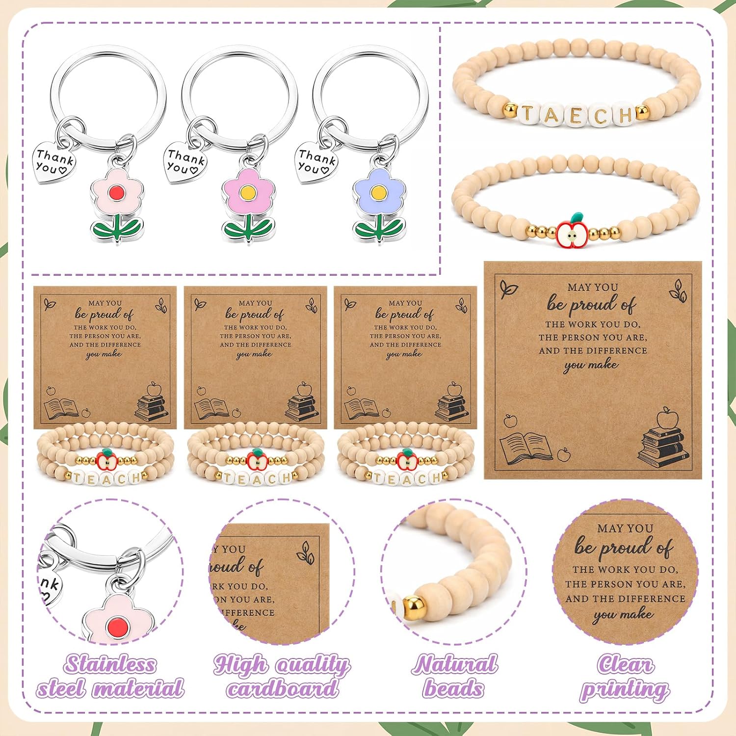 Wavwavw 3 Set Graduation Gifts for Teacher, Positive Handmade Mini Crochet Flowers Bouquet Flower Keychains Wooden Bead Bracelet with Card for Teacher Supplies (Pastel)
