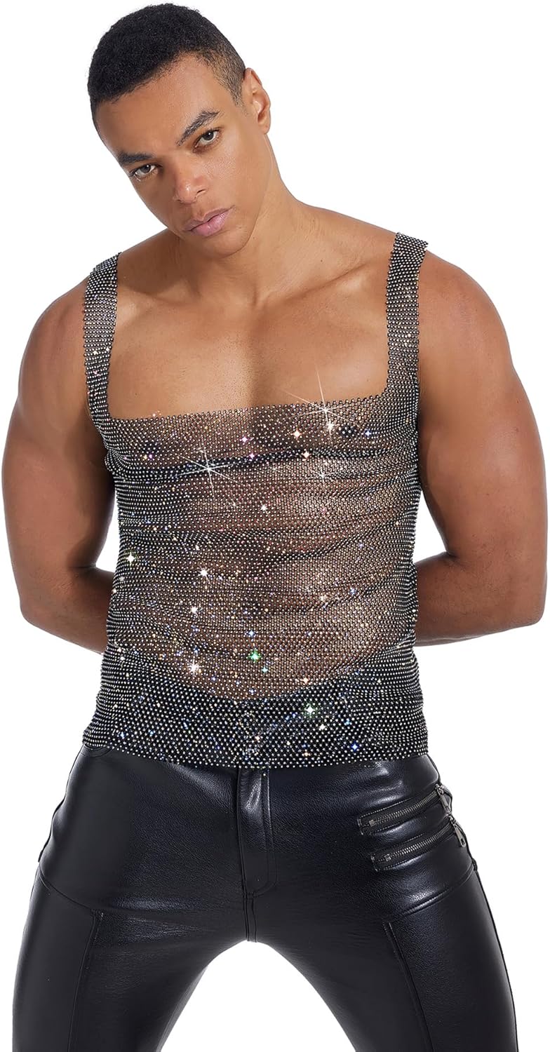 Mens Sparkly Rhinestone Tank Top See Through Mesh Sleeveless Crop Top Sexy Glitter Fishnet Shirt Vest Clubwear Party Outfit