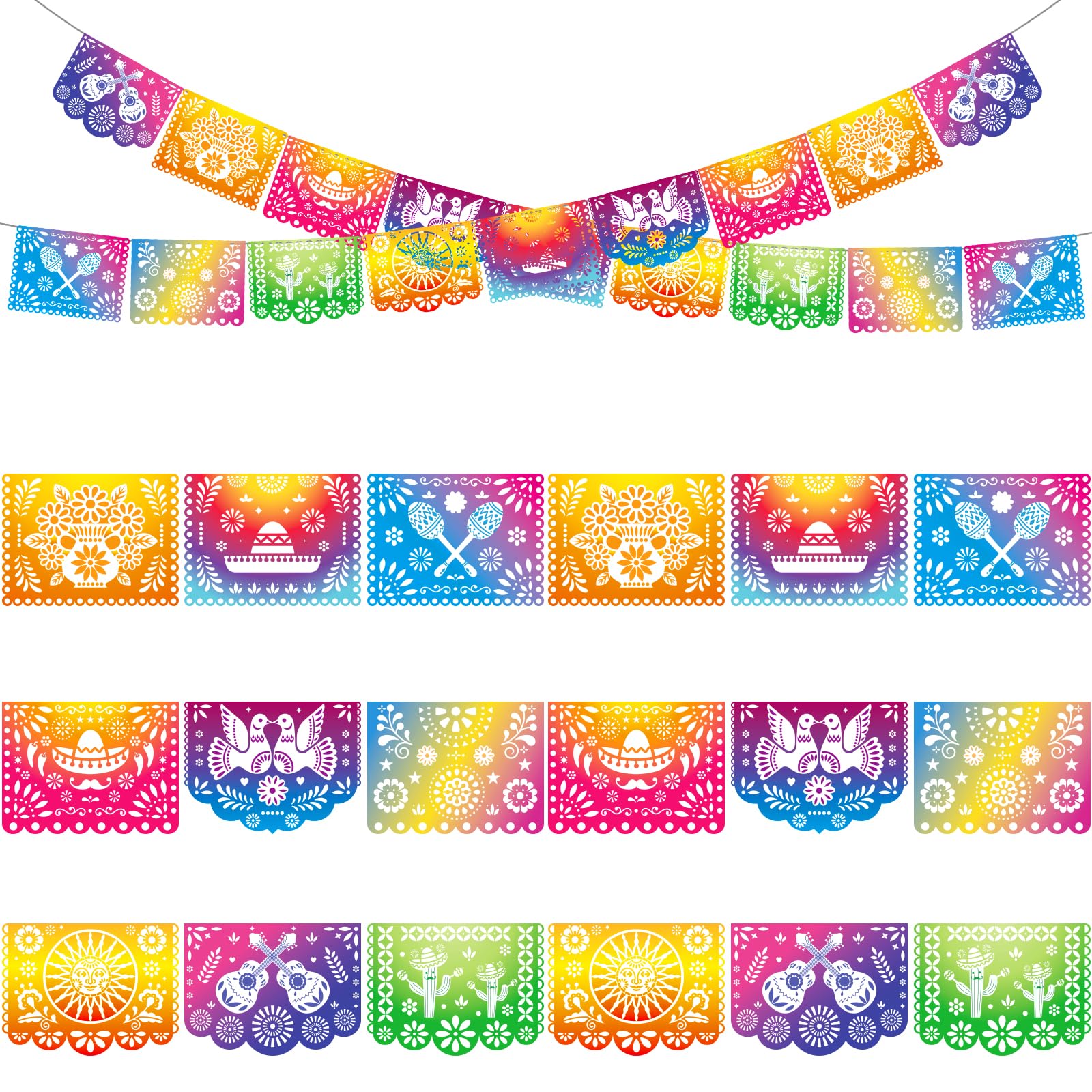 5 Pack Mexican Papel Picado Banners - Iridescent Plastic Fiesta Garland For Cinco De Mayo & Parties