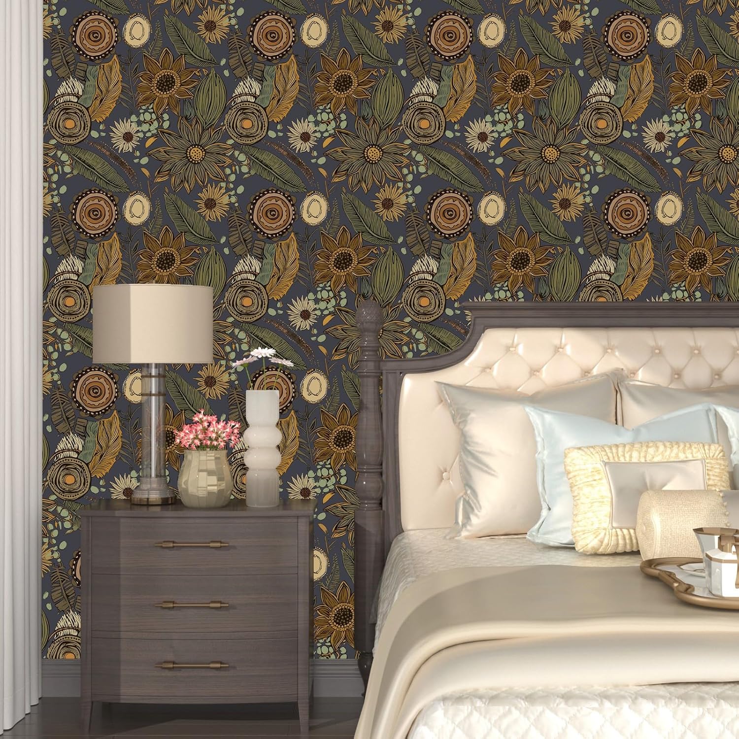 Boho Wallpaper Peel and Stick, Vintage Blue Yellow Floral Contact Paper 17.5" x 393", Botanical Flowers Antique Retro Absract Wall Paper Self Adhesive Removable Waterproof for Shelves Cabinet Table