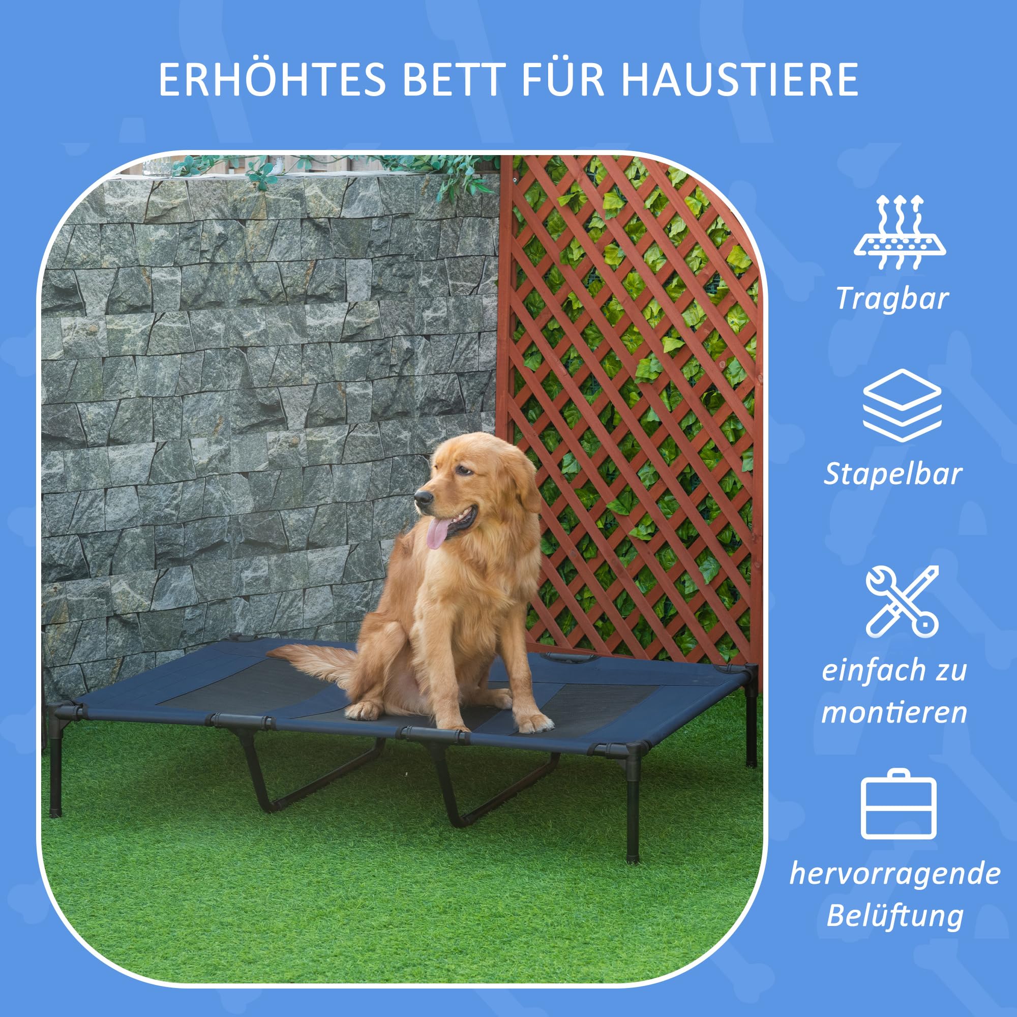 PawHut Hondenbed Outdoor Hondenligstoel Outdoor Kattenbed Huisdierbed Slaapruimte Metaal Oxford Stof Donkerblauw 122 x 92 x 23 cm