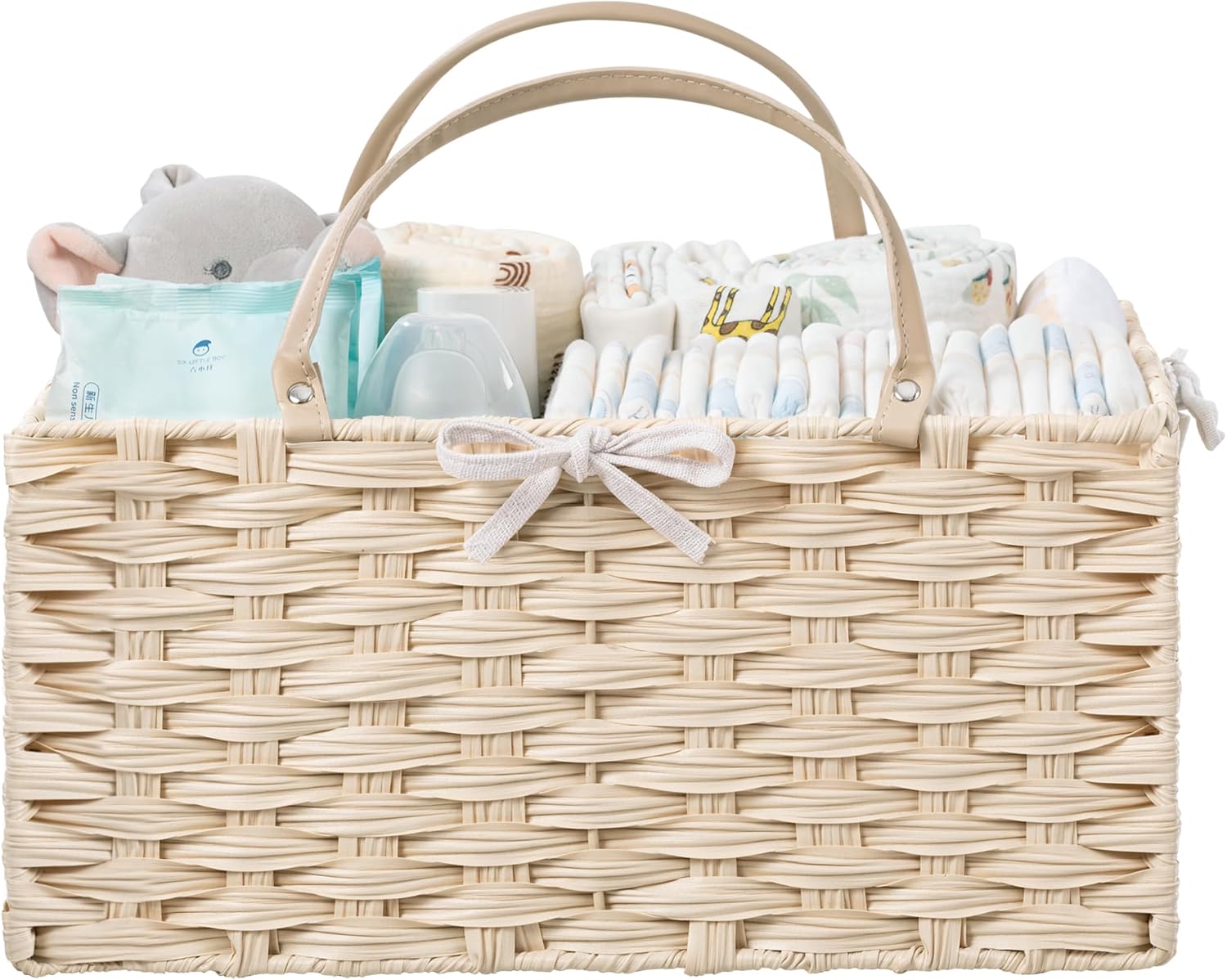 HBlife Large Diaper Caddy Organizer, Washable Waterproof, Portable Plastic Wicker Woven Basket with Divider, Nursery Diaper Station, Baby Shower Gifts Basket & Car Organizer