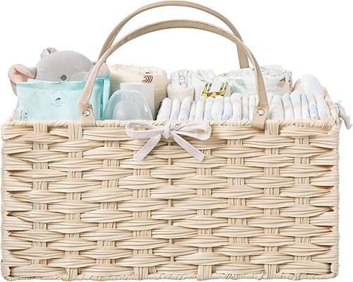 Miniatura 9 de HBlife Organizador grande para pañales, lavable e impermeable, cesta tejida de mimbre de plástico portátil con divisor, estación de pañales para