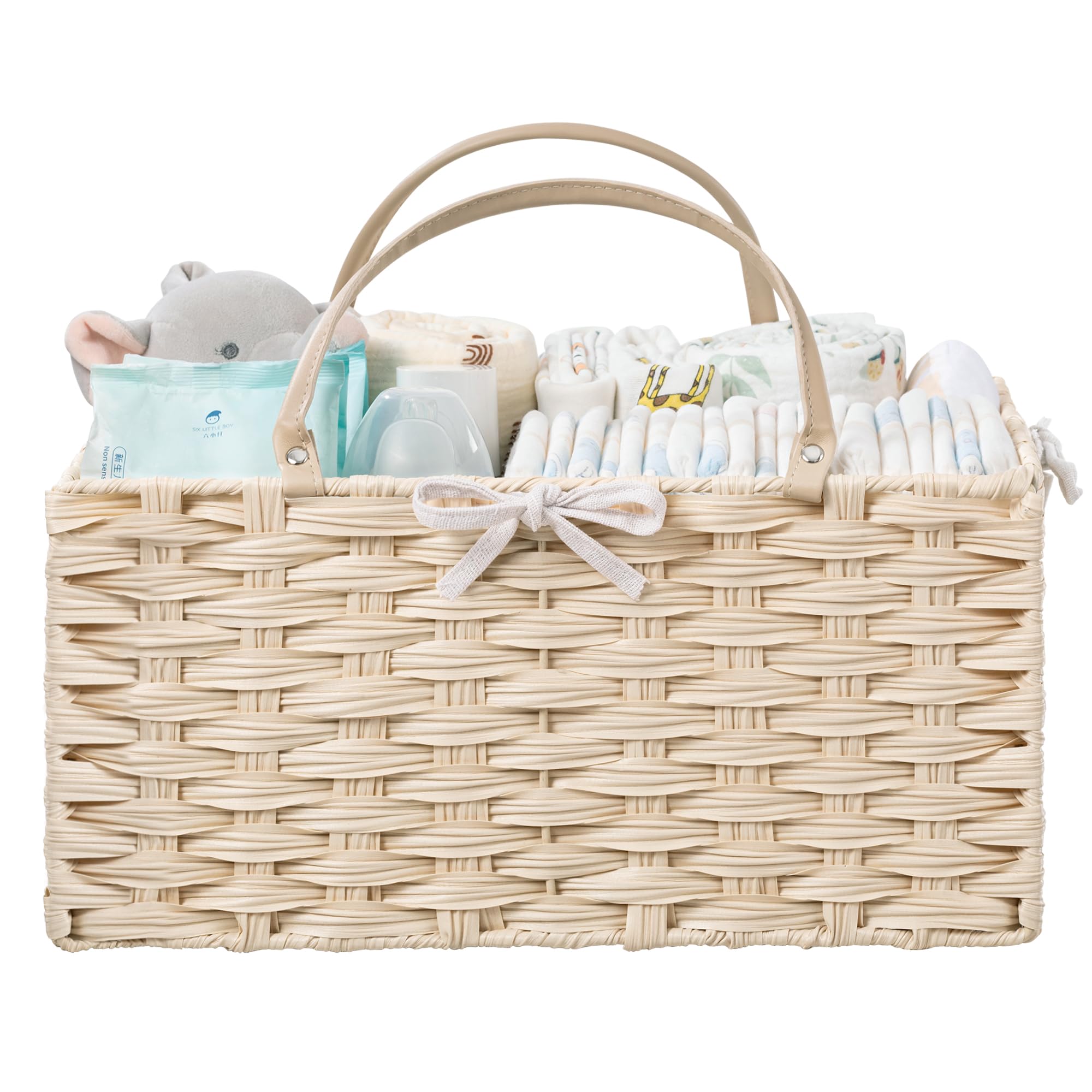 HBlife Diaper Caddy Organizer Washable Waterproof Portable Plastic Wicker Woven Basket with Divider Nursery Diaper Station Baby Shower