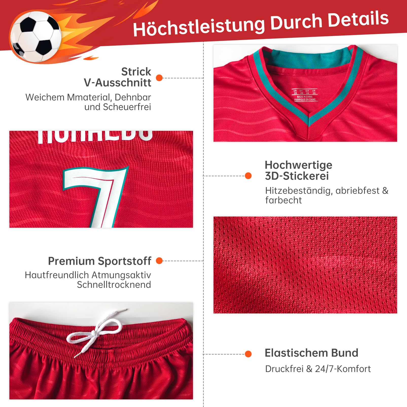 Ensemble maillot de football enfant numéro 7 respirant séchage rapide short manches courtes rouge