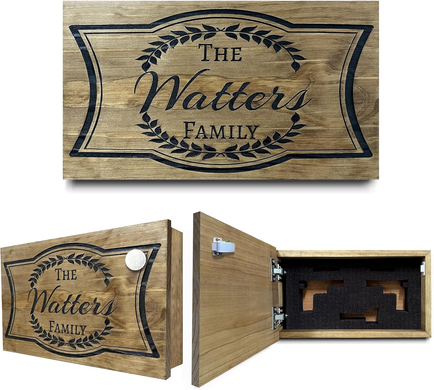 Customizable Family Name Concealment Shelf - Handcrafted Hidden Gun Safe with Magnetic Lock - Quick Access Gun Concealment Decor - Custom, Laser Engraved Wood Gun Cabinet By Bellewood Designs