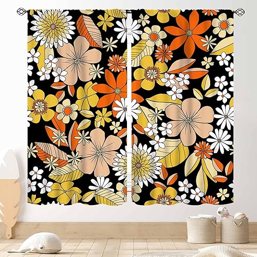 Miniatura 19 de Cortinas de cocina florales retro de los años 70 para ventana, diseño de flores naranjas hippie, estéticas, bohemias, opacas, pequeñas, cortas, para