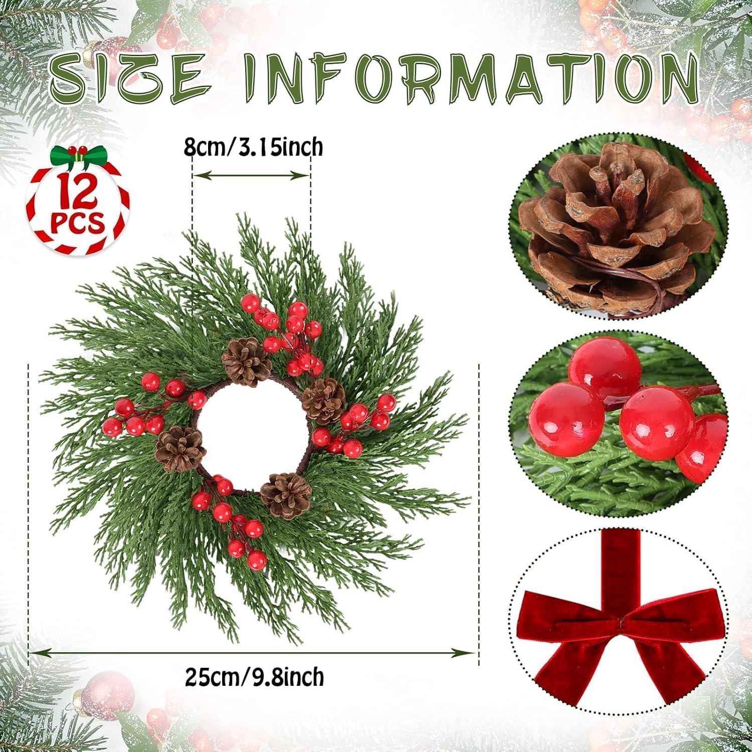 12 Pcs Christmas Mini Cabinet Wreaths for Kitchen with Ribbon Cedar Pinecones Red Berries Artificial Hanging Garlands Swag Wreath for Window Front Door Chair Wall Winter Vintage Farmhouse Rustic Decor