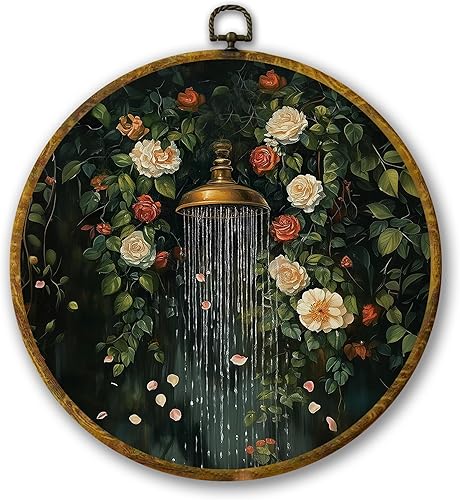 Mcehtle Moody Botanical Shower Bathroom Wall Art Decor, Vintage Wildflowers Floral Cottagecore Framed Canvas Prints 10x10, Flower Bath Round Wall