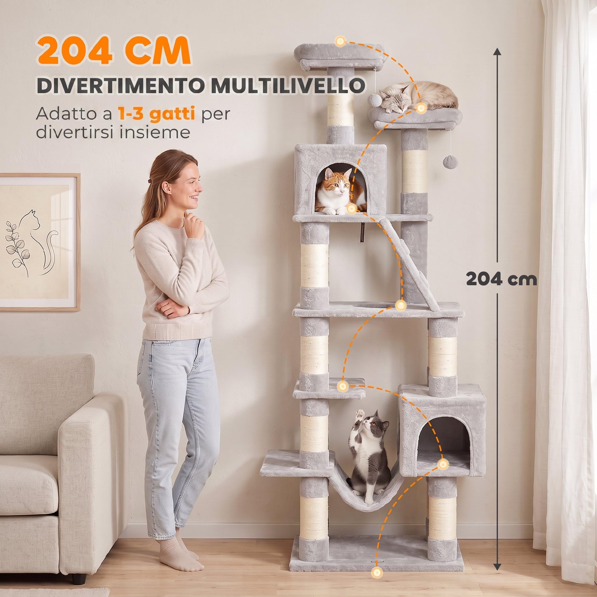 PawHut Tiragraffi per Gatti Grande Alto 204cm Adulti XXL Grigio Chiaro
