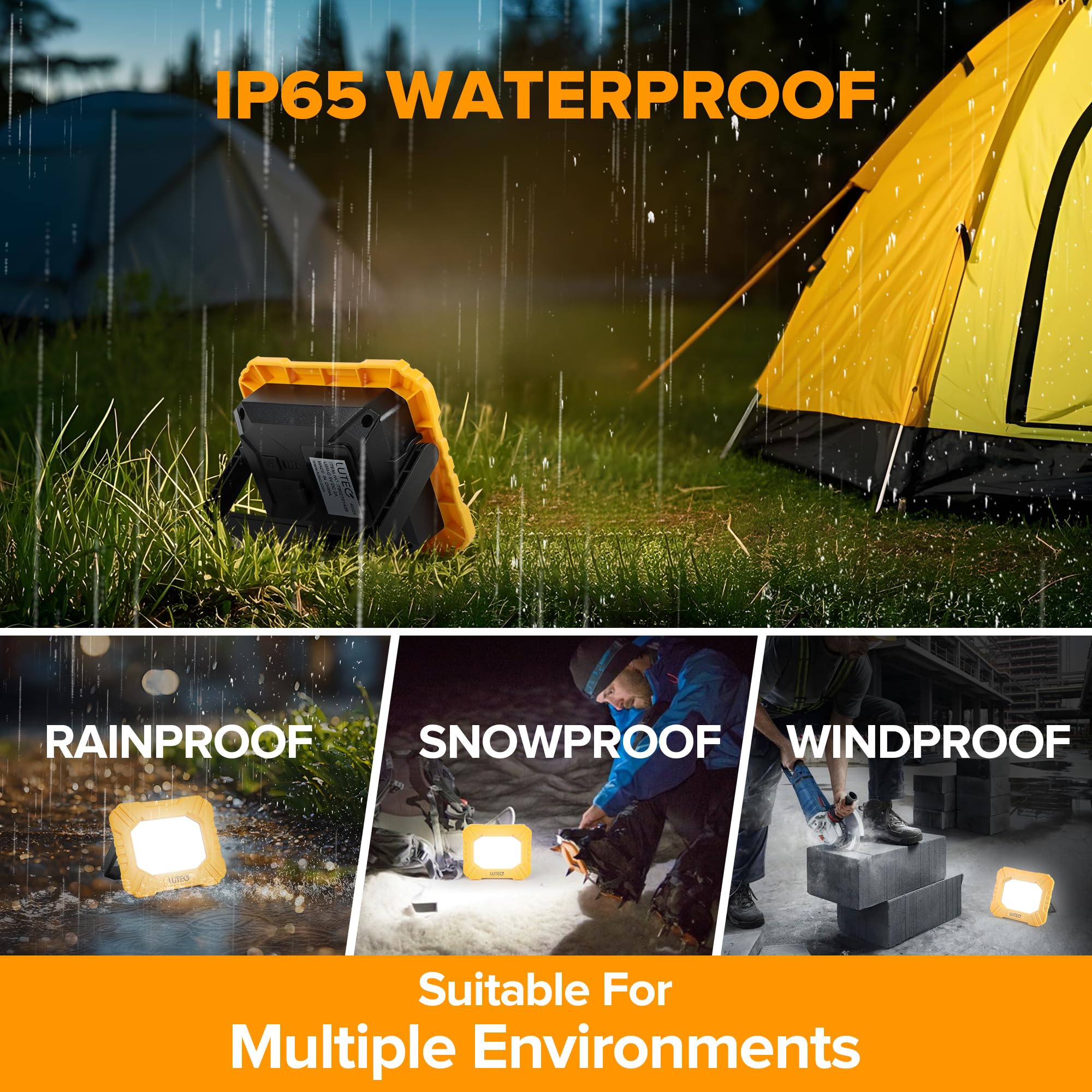 LUTEC 3500LM LED Work Light, Rechargeable Magnetic Work Lights with Stand, Portable 5000K Flood Light for Car Repair, Fishing, Camping, Emergency, Hiking, 3 Modes - 5